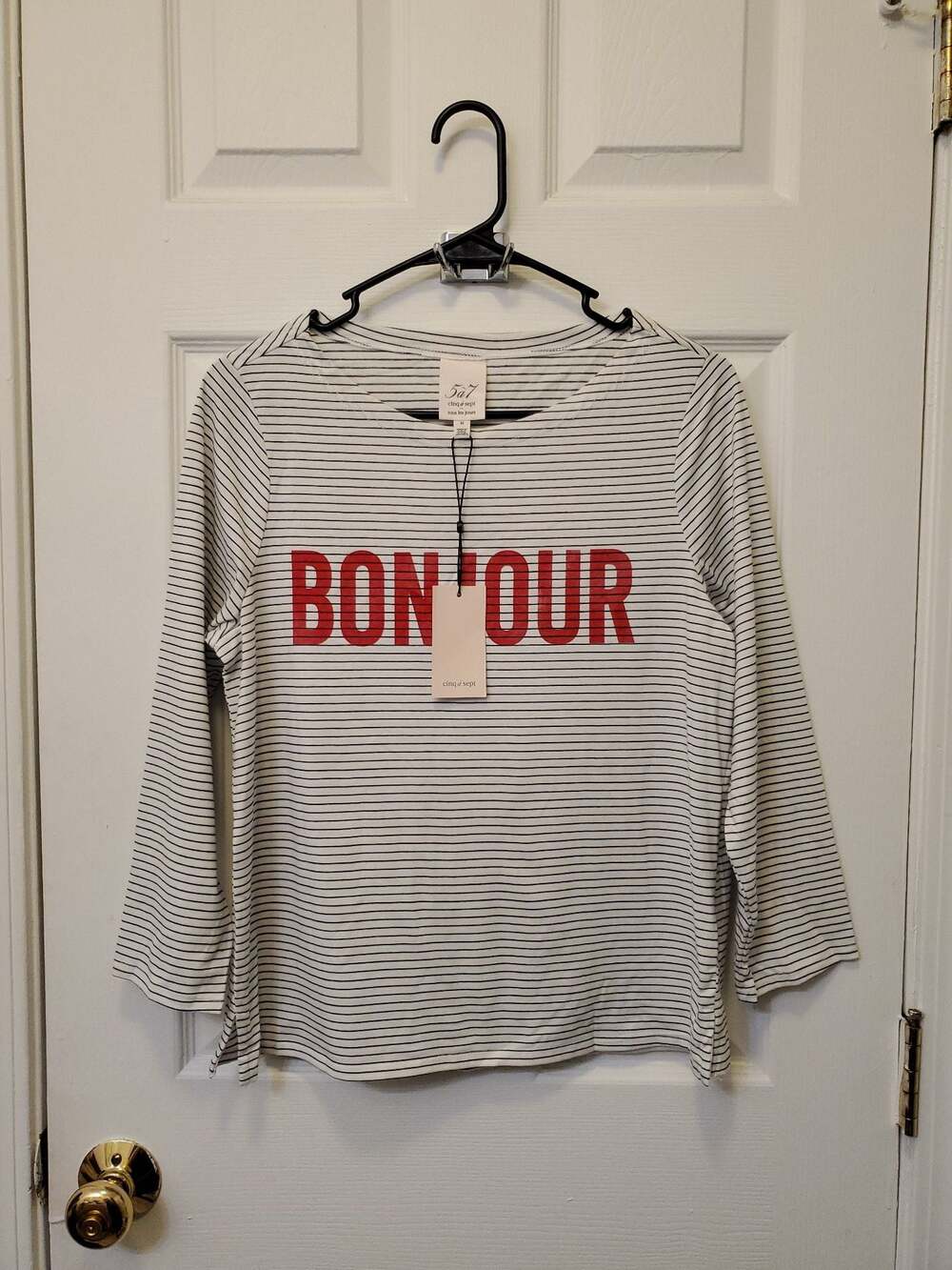 Cinq a Sept Maxine Bonjour Top Striped Knit Boatneck Graphic Tee White Black NWT